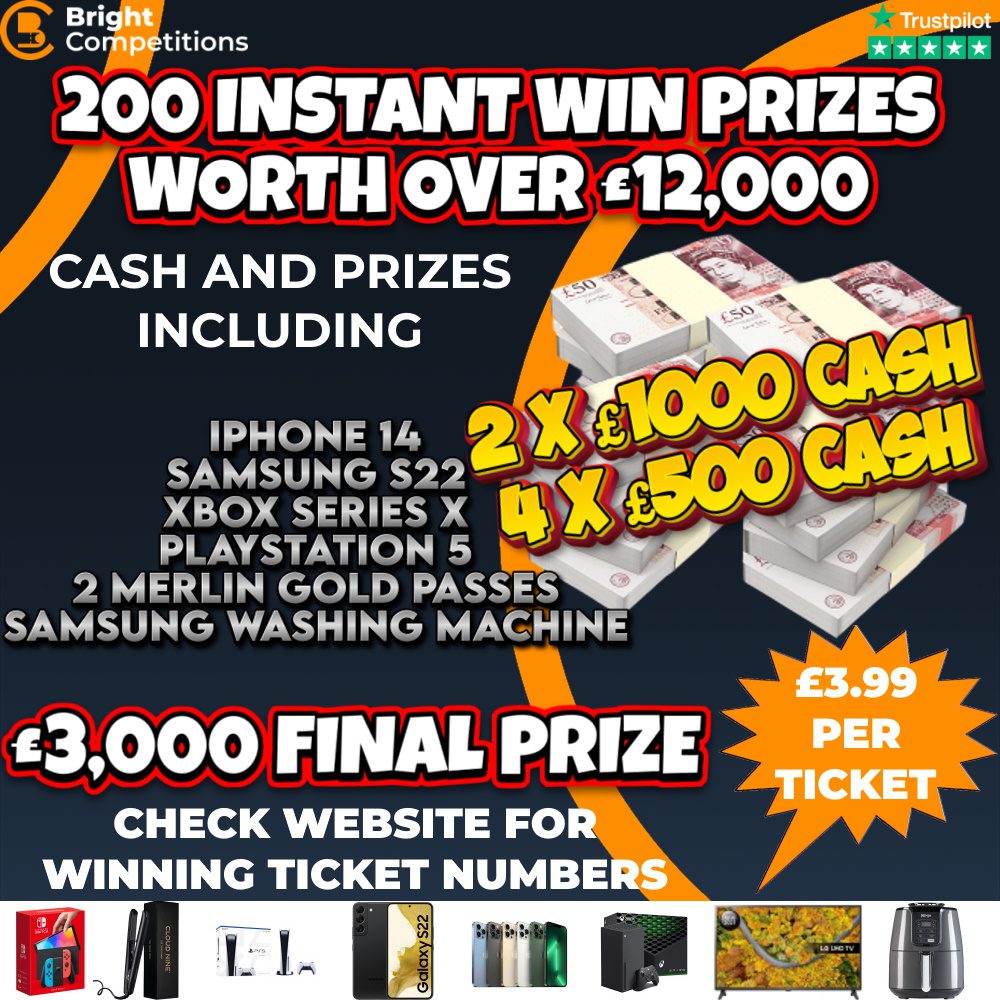 £15,000 Cash – £12,000 Instant Wins   £3,000 Main Final Prize – 200 